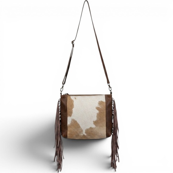 Cotton Curls Handbags - Cotton Curls Cowhide Leather Fringe Crossbody Bag Brown White Western Boho